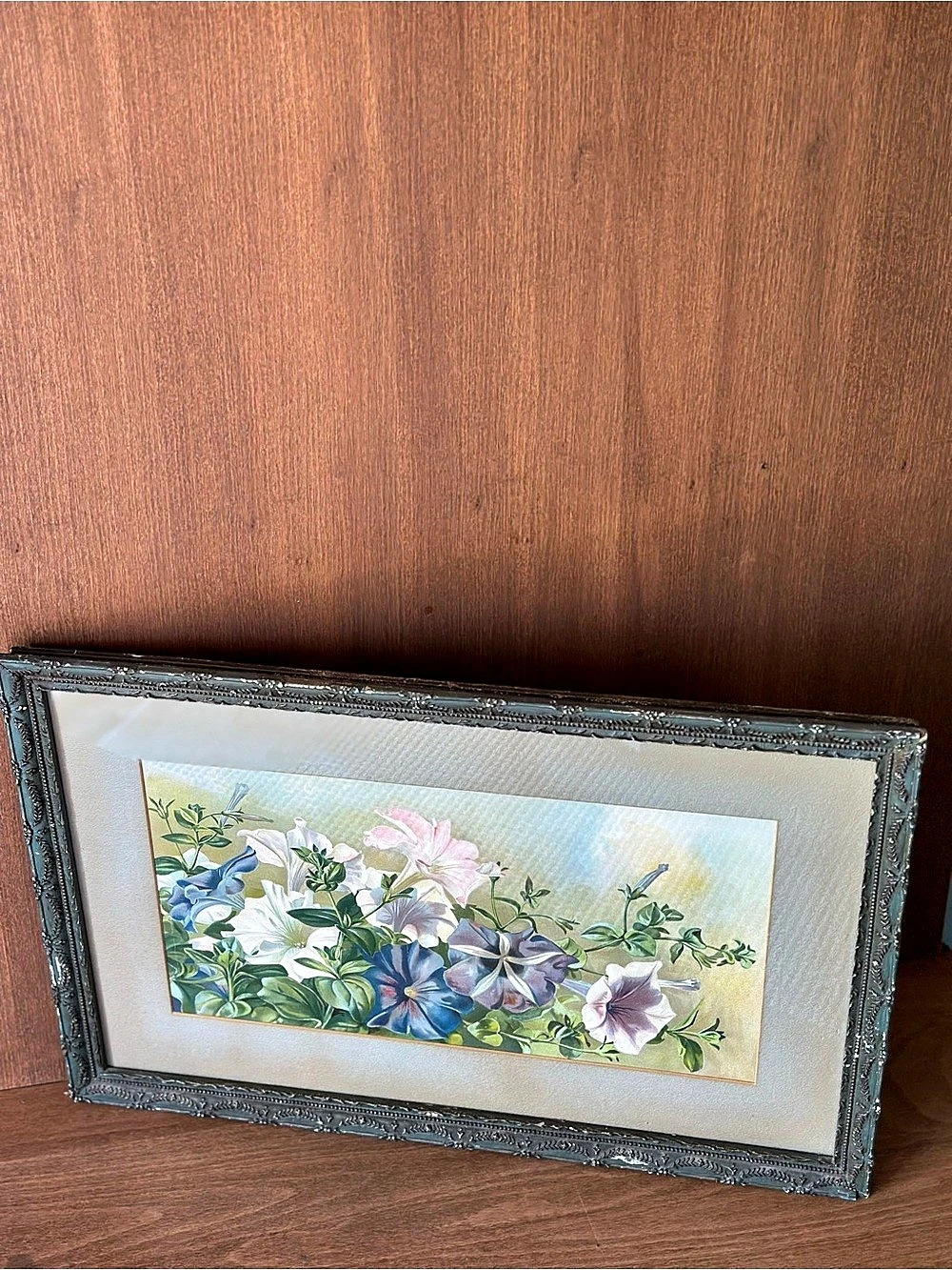 Vintage Framed Floral Watercolour Painting in Green & Blue